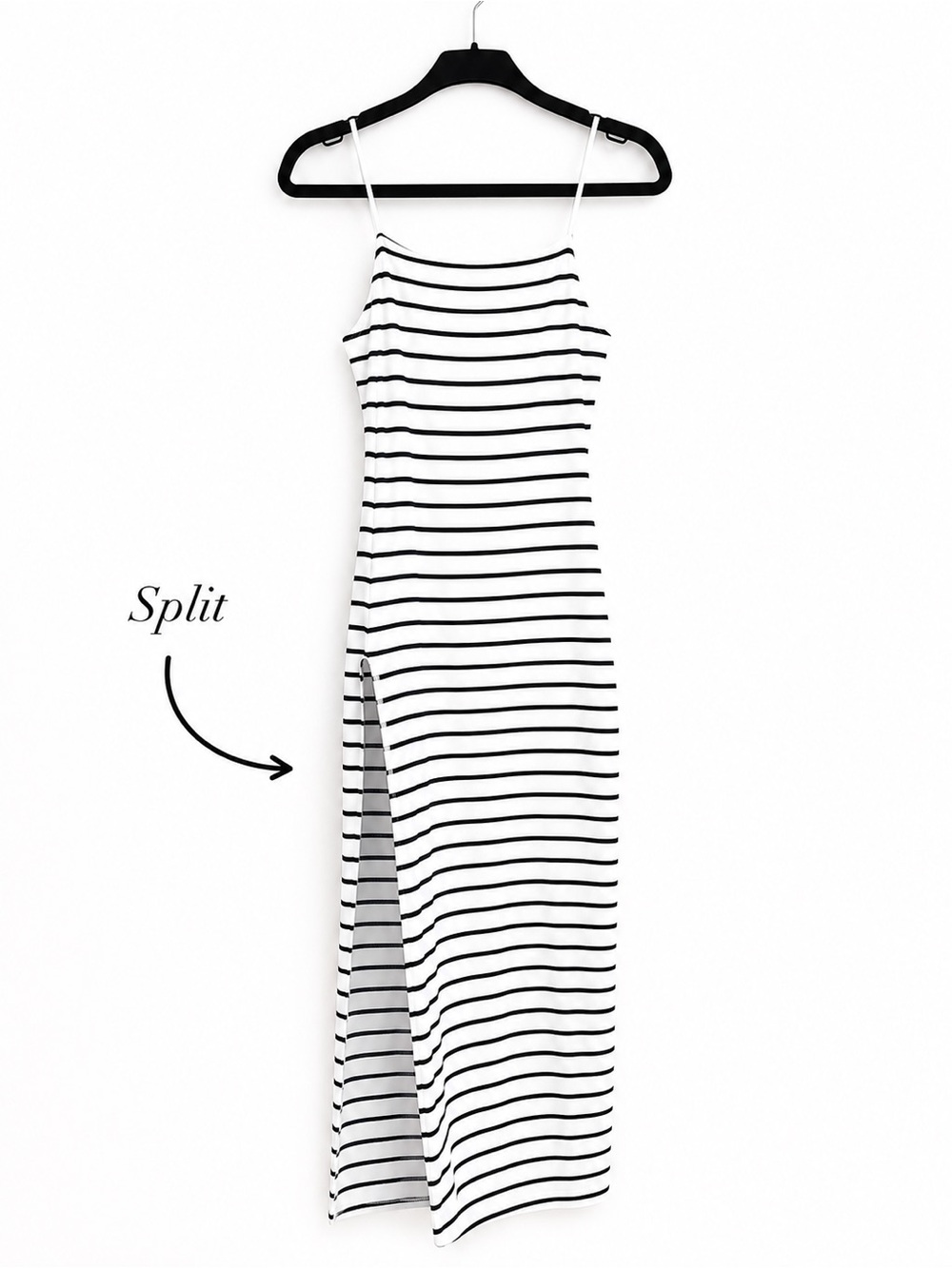 Striped Black & White Split Maxi Dress with Thin Straps